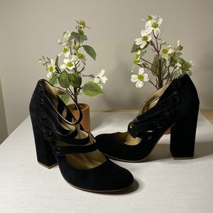 bp. Black Suede 5 Strap Mary Jane Chunky Heel